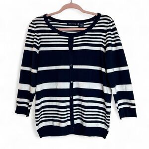 Architect Navy & White Striped Button Up Cardigan Womens Size L 3/4 Sleeves